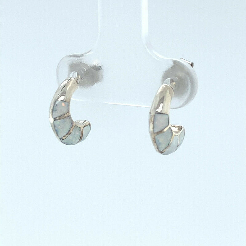 Southwestern Hoop Stud Earrings • Sterling Silver • White Opal Inlay