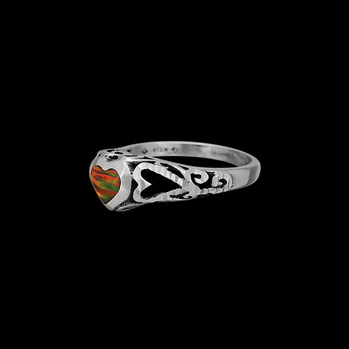 925 Sterling Silver Diamond Cut Red Opal Heart Ring, Multiple Hearts Filigree Design, Handmade Gemstone Jewelry, Solitaire Birthstone Band (6)