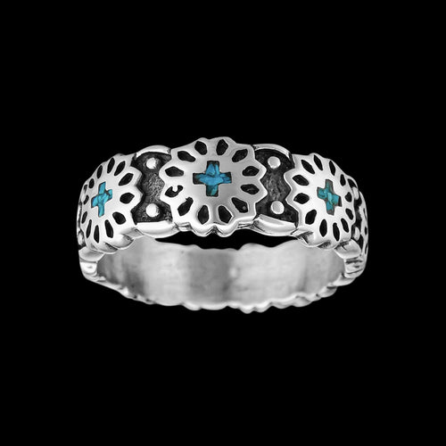 Navajo Sterling Silver Band Ring • Concho Design • Kingman Turquoise Chip Inlay