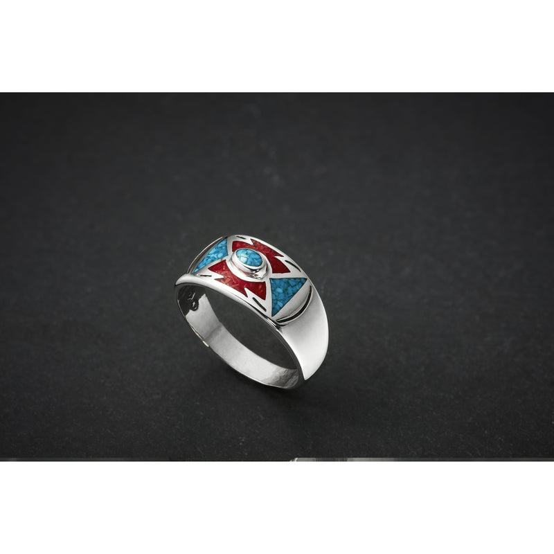 Southwest Style Ring • Navajo Handmade • Sterling Silver • Turquoise and Ocean Red Coral Inlay