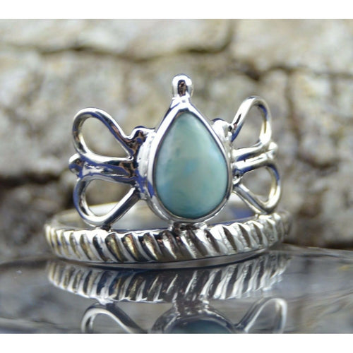 Larimar Teardrop Ring • Sterling Silver Tiara Band • Size 7.75 • Caribbean Gemstone Jewelry