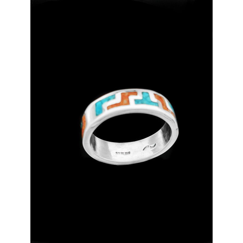 925 Sterling Silver Tetris Ring - Tribal Band with Turquoise and Coral Accents