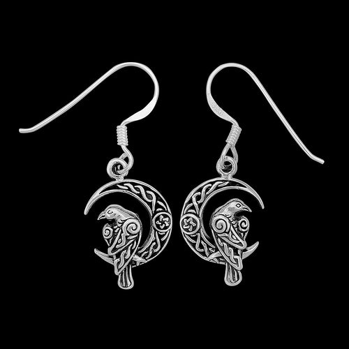 925 Sterling Silver Celtic Dangle Earrings, Viking, Raven, Nevermore, Crescent Moon