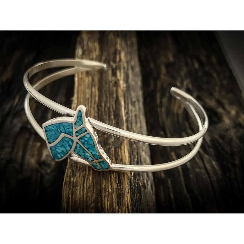 Sterling silver cuff style bracelet with a Navajo Horse Head with Turquoise