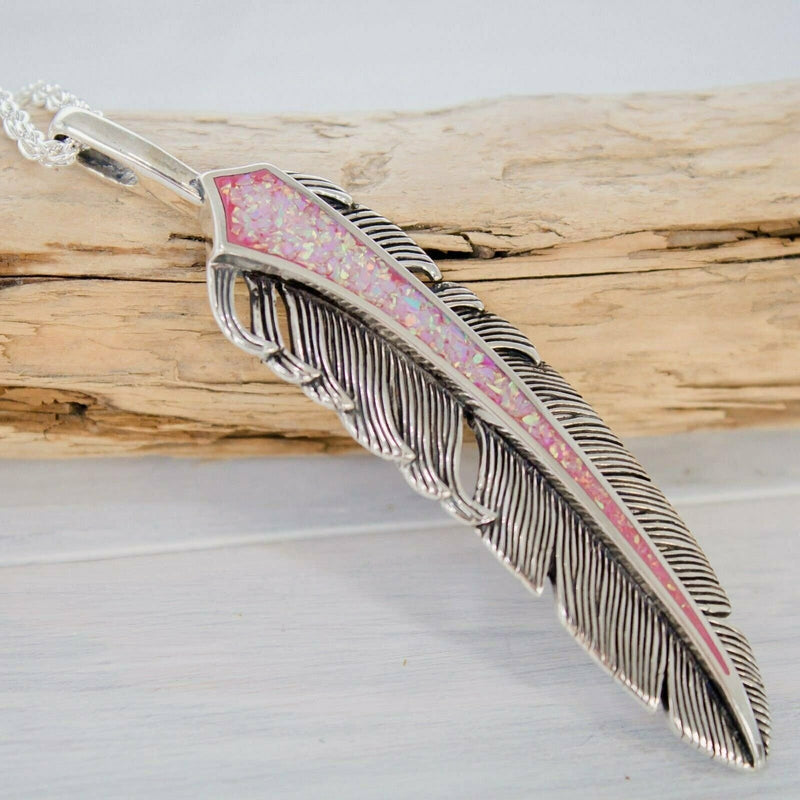 Feather Earrings • Pink Opal • 925 Sterling Silver • Navajo Handmade