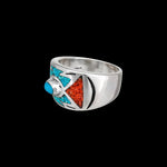 Size 5.75-925 Sterling Silver Turquoise, Red Coral, & Resin Southwestern Arrow Band, Handmade Oval Center Ring, Geometric Gemstone Jewelry