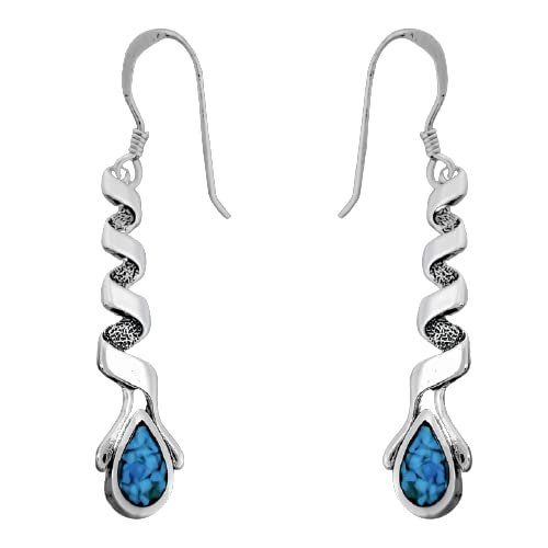 925 Sterling Silver and Turquoise Spiral Teardrop Dangle Earrings