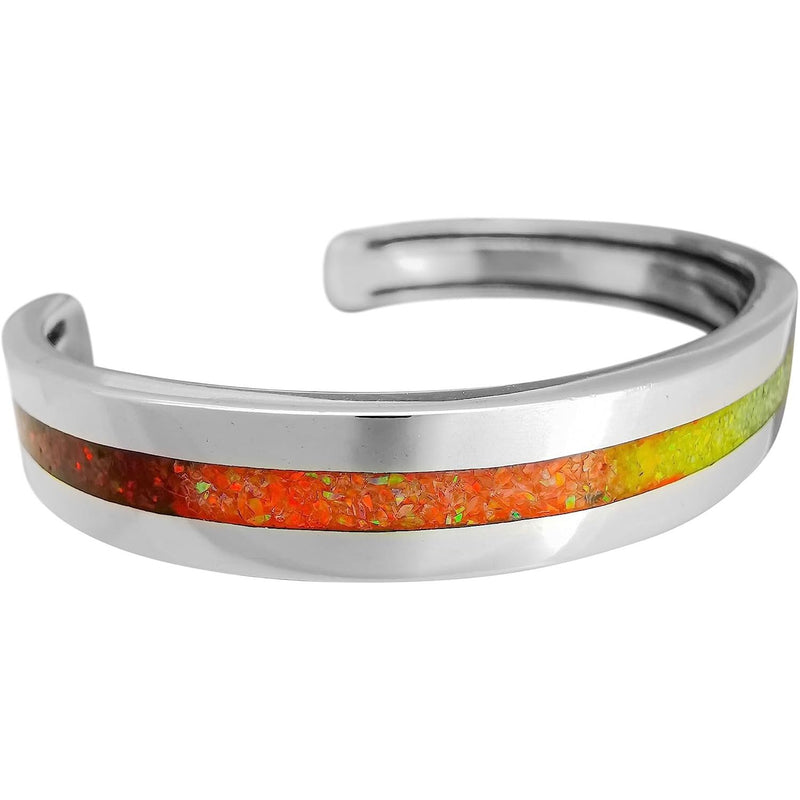 925 Sterling Silver Rainbow Opal Cuff Bracelet, Single Band of Inlay, Handmade Gemstone Jewelry (Medium)