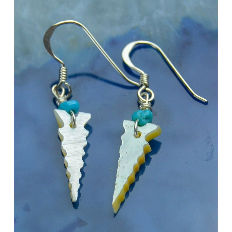 Native American Shell Earrings • Turquoise Accents • Sterling Silver Arrowhead Design