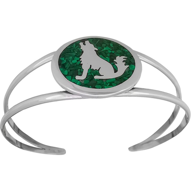 Wolf Bracelet, Howling Wolf, 925 Sterling Silver Bracelet, Native American, Handmade Jewelry, Malachite Bracelet, Navajo Bracelet with wolves