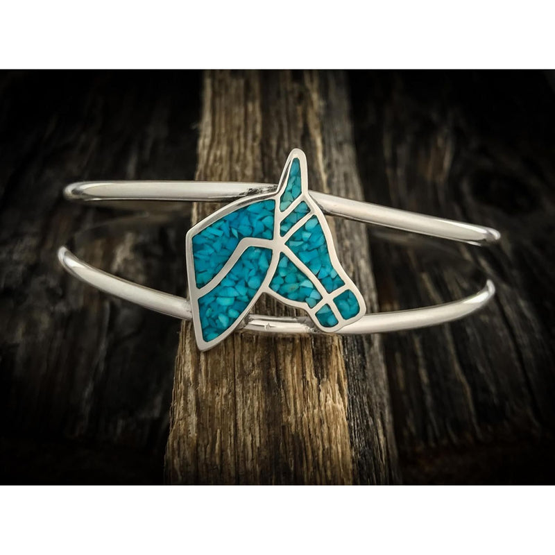 Sterling silver cuff style bracelet with a Navajo Horse Head with Turquoise