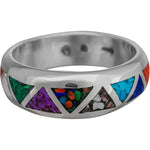 925 Sterling Silver Mixed Gemstones Navajo Band, Segmented Triangle Design, Handmade Geometric Jewelry, Handcrafted Gemstone Beveled Ring (10)