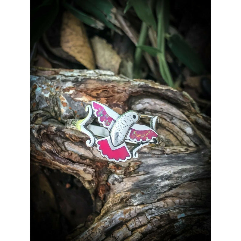 925 Sterling Silver Hummingbird Ring with Pink Opal and Pink Resin • Navajo Handmade • Size 11