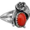 Size 6.5-925 Sterling Silver Floral Red Coral Cabochon Ring, Leaves & Flower Design, Handmade Gemstone Jewelry, Statement Birthstone Nature Band