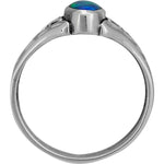 925 Sterling Silver Diamond Cut Oval Blue Opal Cabochon Ring, Iris Accent Design, Solitaire Gemstone Band, Floral Handmade Jewelry (9)