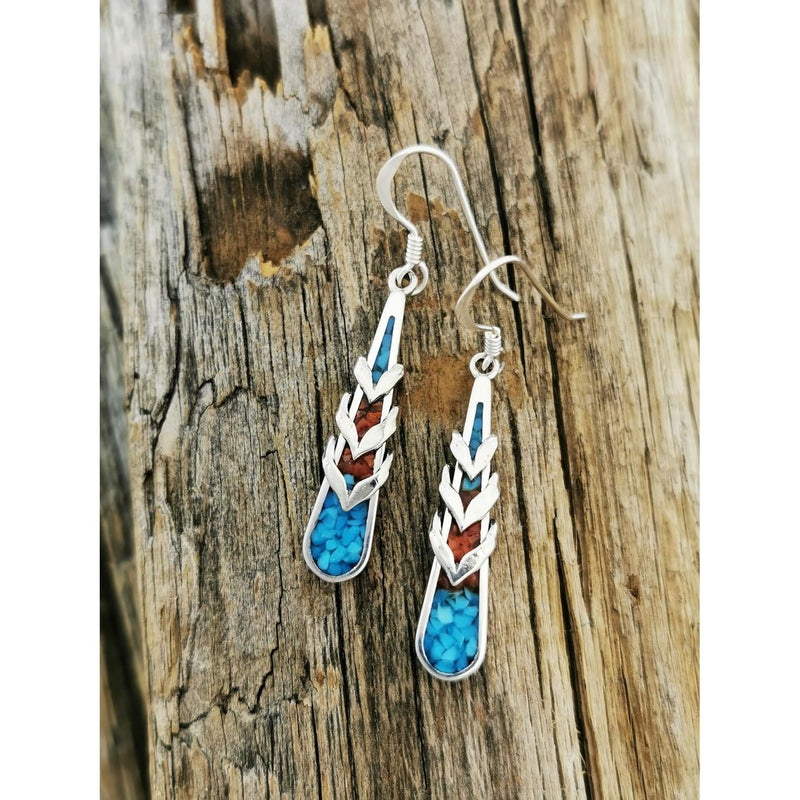 Sterling Silver, Turqoise, and Coral Wrapped Chevron Teardrop Dangle Earrings