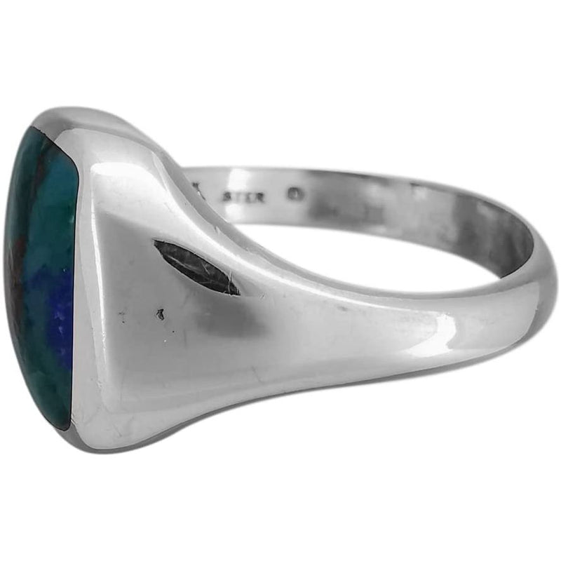 Size 10.5-925 Sterling Silver Rectangular Azurite Cabochon Ring, Simple Rounded Geometric Design, Handmade Gemstone Jewelry, Statement Birthstone Band