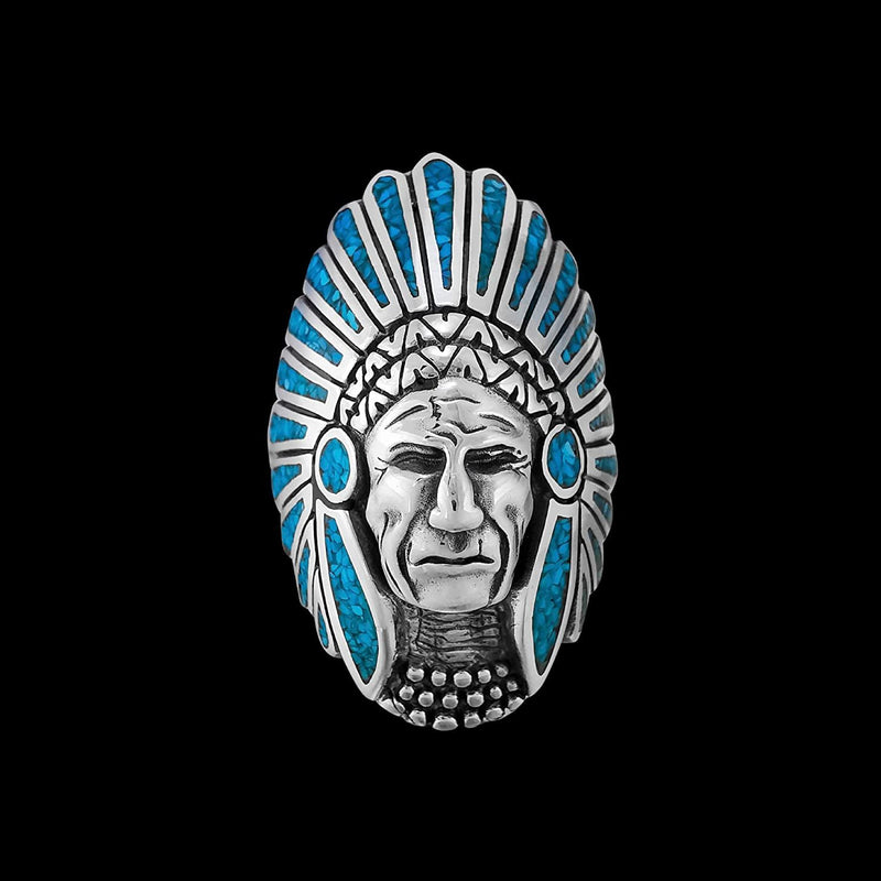 Size 9.5-925 Sterling Silver Native American Chief Headdress Ring, Turquoise Feather Design, Statement Gemstone Band, Handmade Birthstone Jewelry