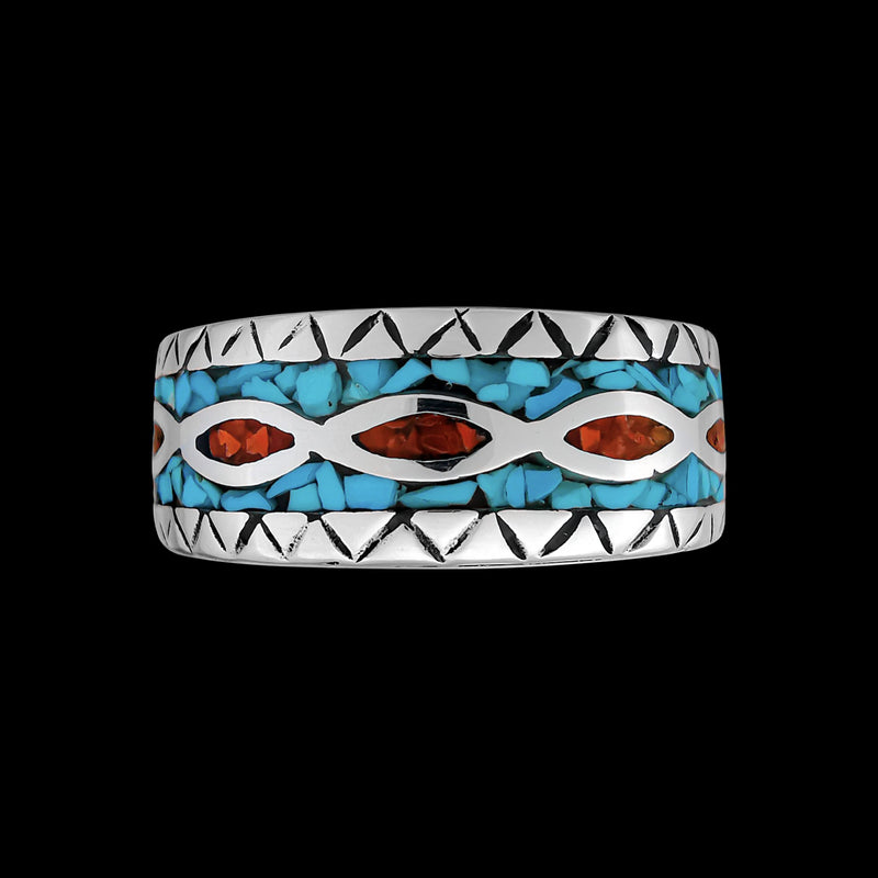 River Ring • Navajo Inspired • Sterling Silver with Red Coral and Turquoise Inlay