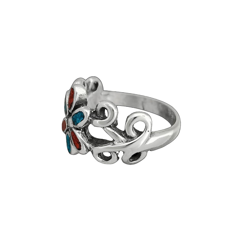 Size 5.5-925 Sterling Silver Turquoise & Red Coral Flower Ring, Simple Floral Design, Handmade Gemstone Jewelry, Statement Birthstone Band