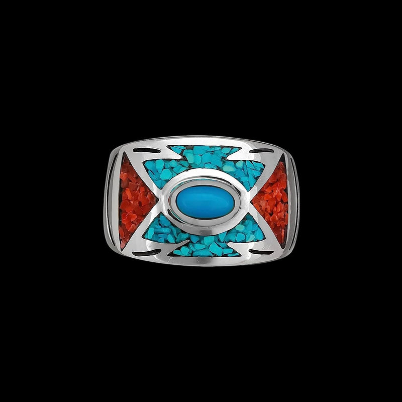 Size 5.75-925 Sterling Silver Turquoise, Red Coral, & Resin Southwestern Arrow Band, Handmade Oval Center Ring, Geometric Gemstone Jewelry