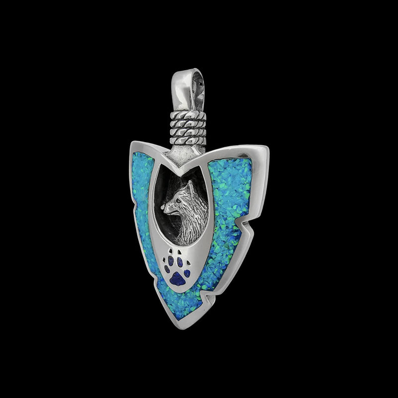 925 Sterling Silver Large Blue Opal & Lapis Lazuli Arrowhead Pendant, Detailed Wolf Pendant with Paw & Claws, Native American Animal Jewelry, Southwestern Wolf Paw Print Necklace