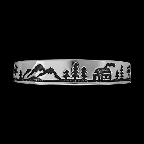 Sterling silver Mountain Man cuff bracelet with Moose and Mountain Cabins