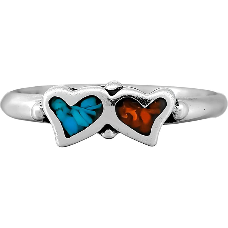 Size 5.5-925 Sterling Silver Turquoise & Red Coral Hearts Ring, Pair of Hearts Design, Handmade Gemstone Band, Handcrafted Birthstone Love Jewelry