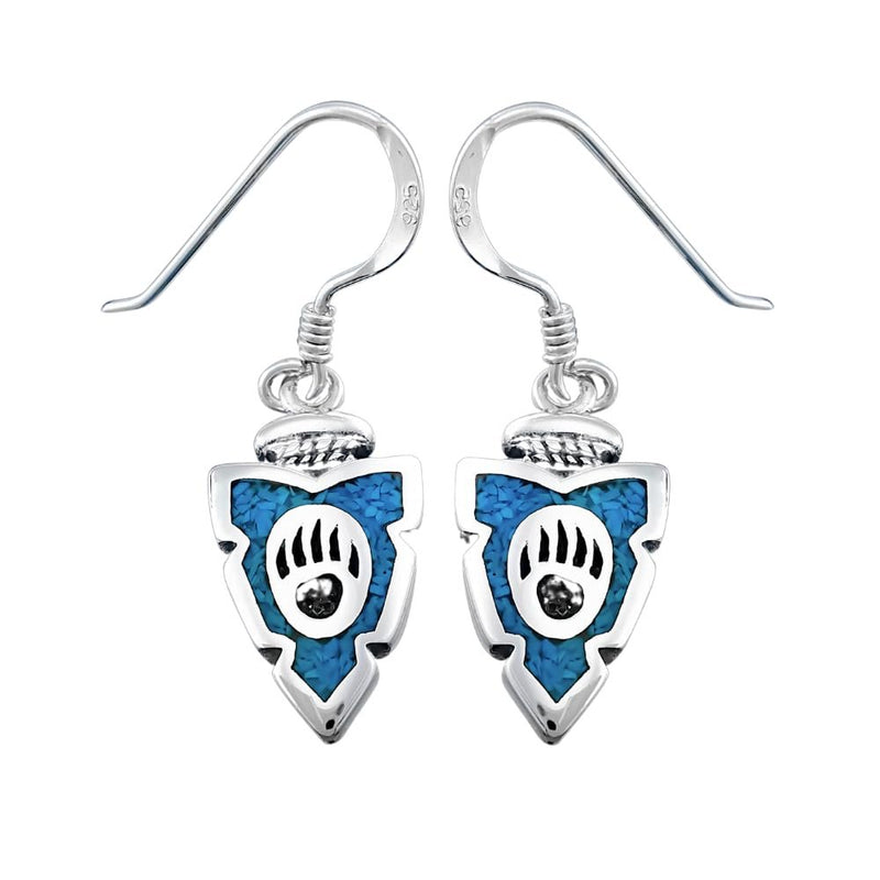 Sterling Silver and Turquoise Bear Paw Arrowhead Dangle Earrings