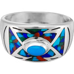 Size 11-925 Sterling Silver Southwestern Arrow Band, Turquoise Resin & Mixed Stones, Oval Stone, Geometric Pattern