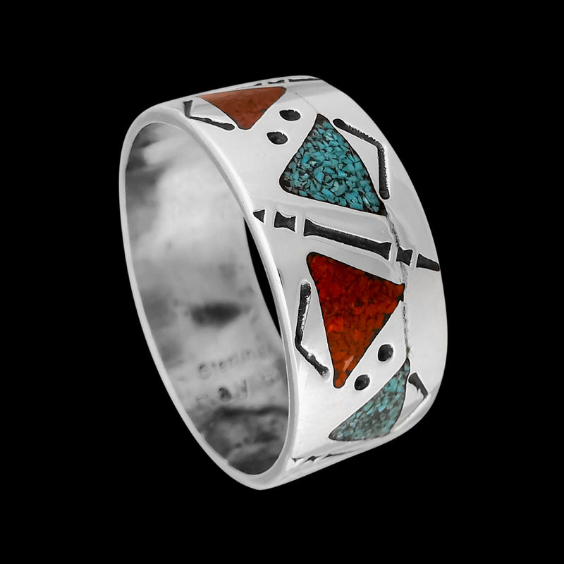 Navajo Band Ring • Turquoise & Red Coral • 925 Silver • Handmade • Raymond Begay