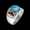 Size 7-925 Sterling Silver Southwestern Turquoise, Red Coral, & Turquoise Resin Arrow Band, Oval Center, Geometric Pattern