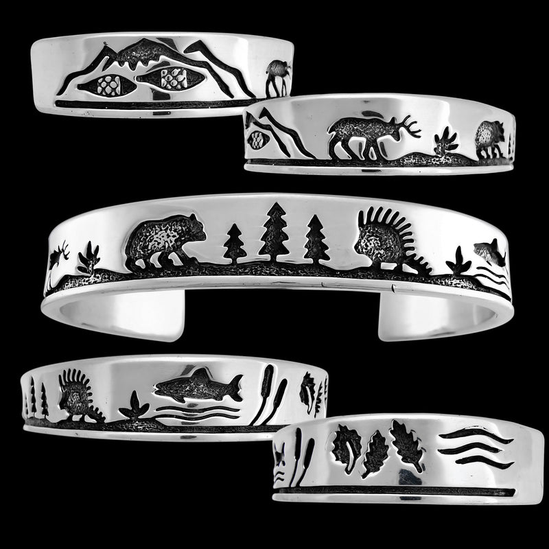 Sterling Silver Wildlife Scene Bracelet • Snowy Cabin Design • Nature Lover • Navajo