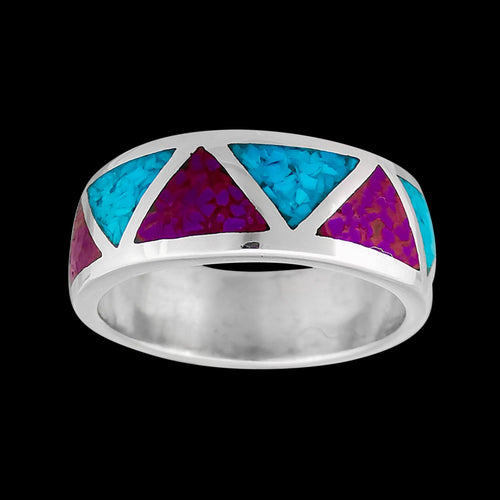 Size 5-925 Sterling Silver Kingman Turquoise and Sugilite Band, Segmented Triangle Design, Handmade Geometric Jewelry, Statement Navajo Gemstone Flat Band