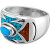 Size 7-925 Sterling Silver Southwestern Turquoise, Red Coral, & Turquoise Resin Arrow Band, Oval Center, Geometric Pattern