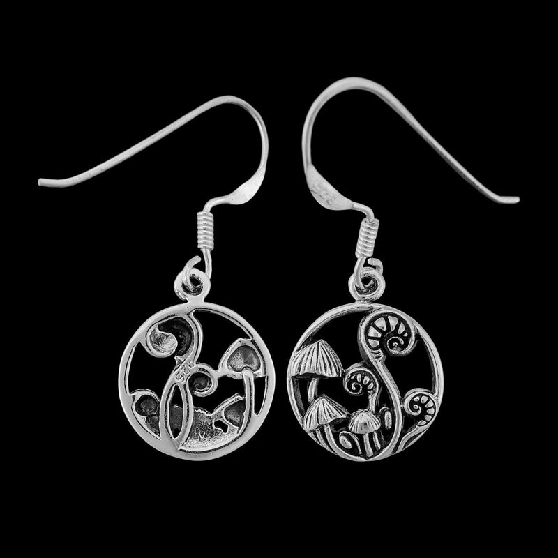 925 Sterling Silver Toadstool and Fiddlehead Fern dangle and drop earrings