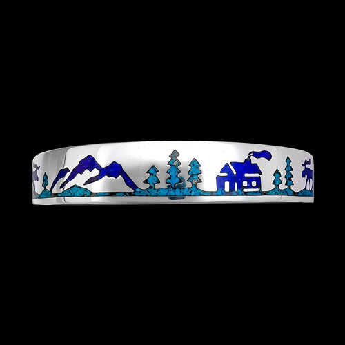 925 sterling silver Mountain Man cuff bracelet with Moose and Mountain Cabins