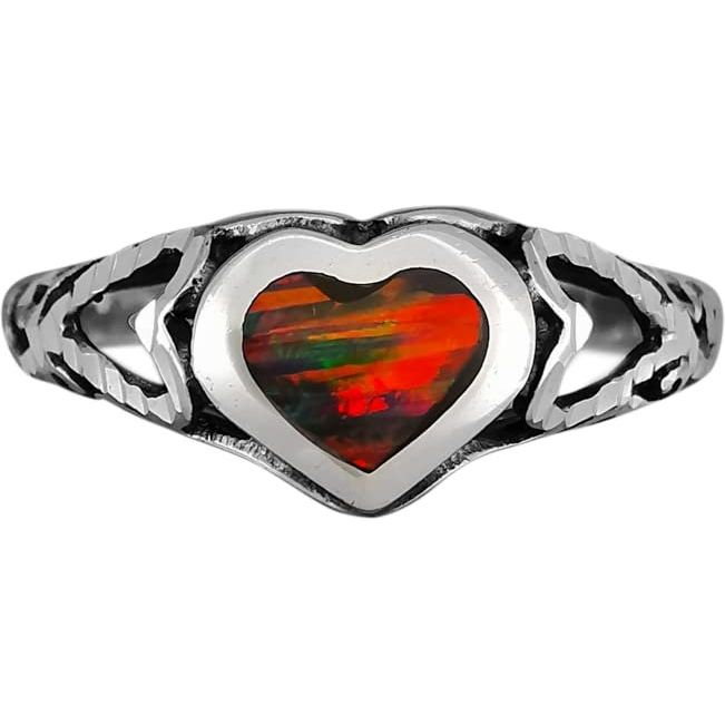 925 Sterling Silver Diamond Cut Red Opal Heart Ring, Multiple Hearts Filigree Design, Handmade Gemstone Jewelry, Solitaire Birthstone Band (6)