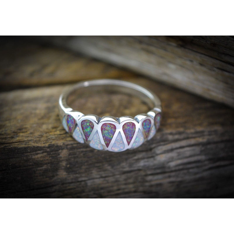 Raindrop Ring • 925 Sterling Silver Teardrop Ring with White and Pink Fire Opal