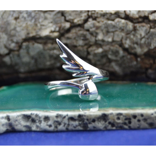 Heart and Feather Wrap Ring • Sterling Silver • Adjustable Size 6-9 • Symbol of Love and Freedom