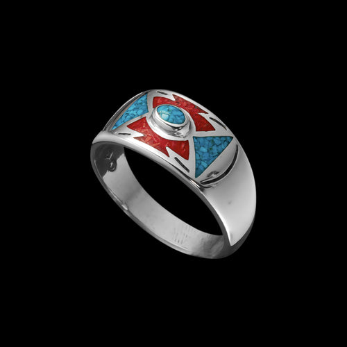 Southwest Style Ring • Navajo Handmade • Sterling Silver • Turquoise and Ocean Red Coral Inlay