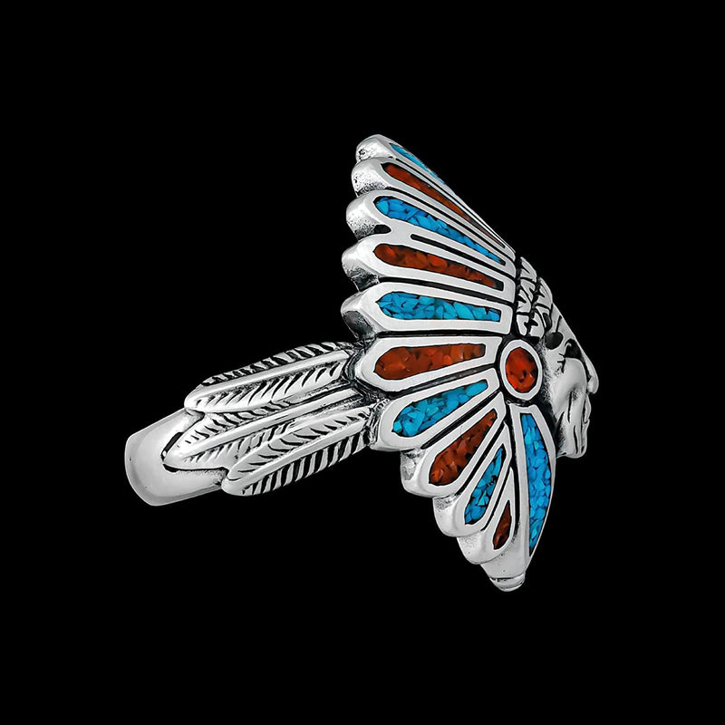 Size 9.5-925 Sterling Silver Native American Chief Headdress Ring, Turquoise & Red Coral Headdress Design, Statement Gemstone Band, Handmade Birthstone Jewelry