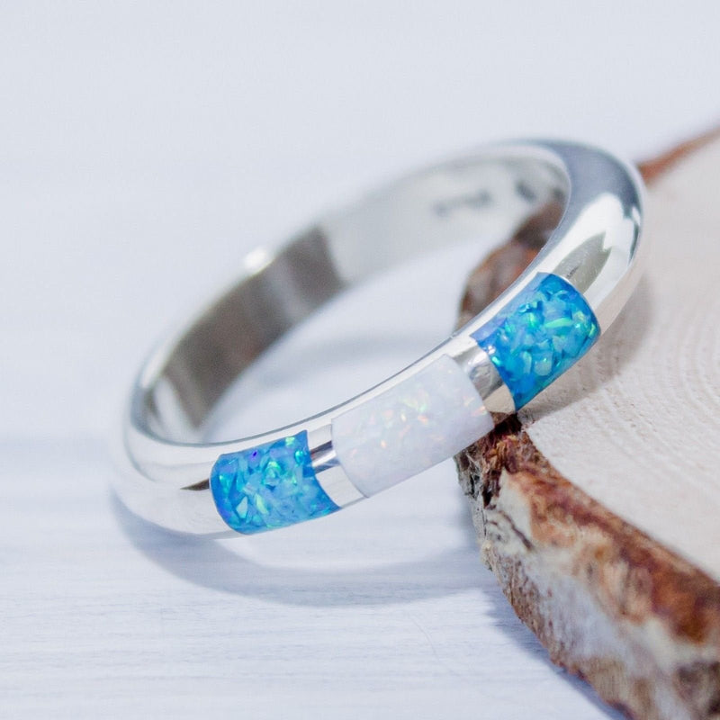 Navajo Family Ring • White Opal and Blue Opal • Native American Handmade • Sterling Silver