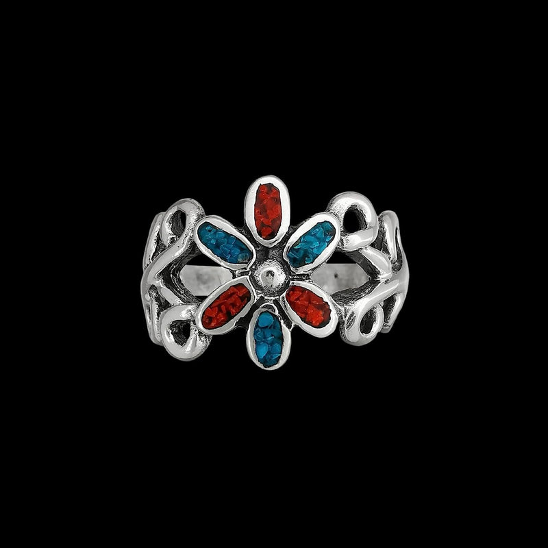 Size 5.5-925 Sterling Silver Turquoise & Red Coral Flower Ring, Simple Floral Design, Handmade Gemstone Jewelry, Statement Birthstone Band