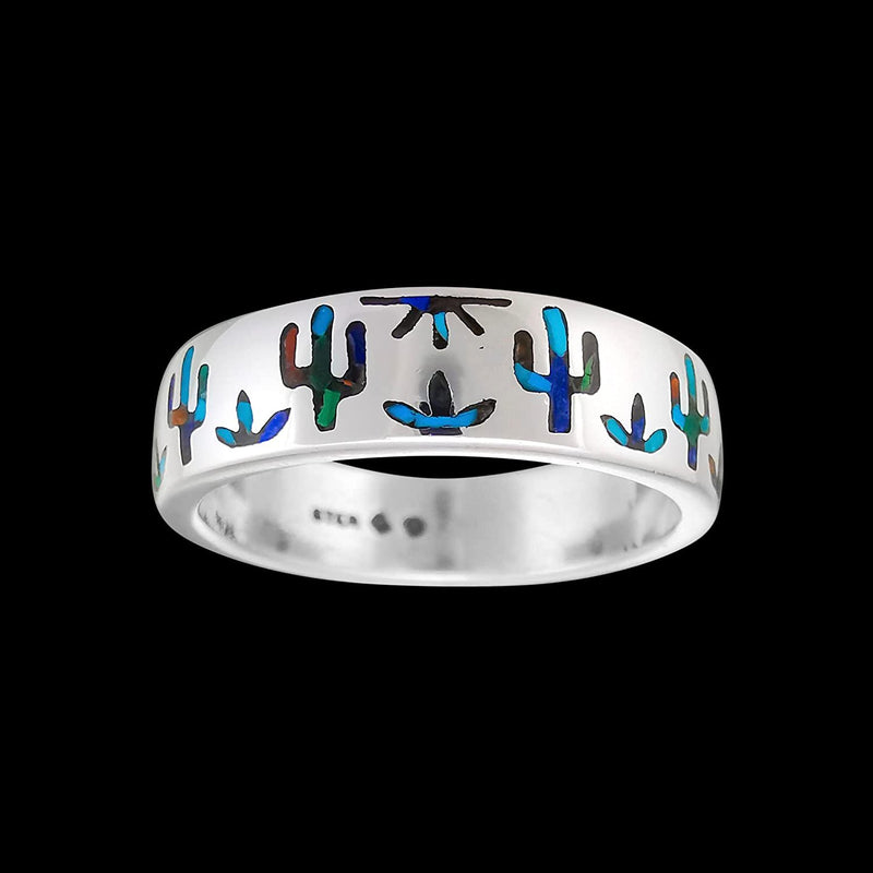 Size 10-925 Sterling Silver & Mixed Stone Desert Cactus Ring, Detailed Nature Design, Statement Birthstone Band