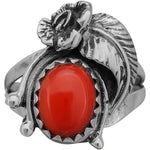 Size 6.5-925 Sterling Silver Floral Red Coral Cabochon Ring, Leaves & Flower Design, Handmade Gemstone Jewelry, Statement Birthstone Nature Band