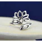 Elegant Sterling Silver Adjustable Lotus Flower Ring - Captivating Beauty and Grace