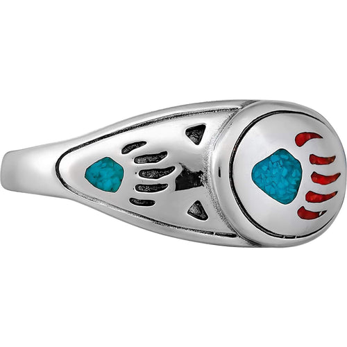 925 Sterling Silver Turquoise and Coral Bear Paw Ring, Detailed Bear Claw Design, Handmade Gemstone Nature Band, Handcrafted Animal Birthstone Jewelry (8)