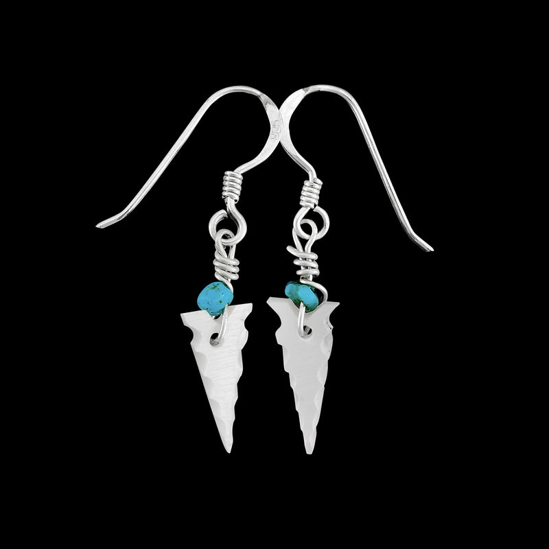 Native American Shell Earrings • Turquoise Accents • Sterling Silver Arrowhead Design