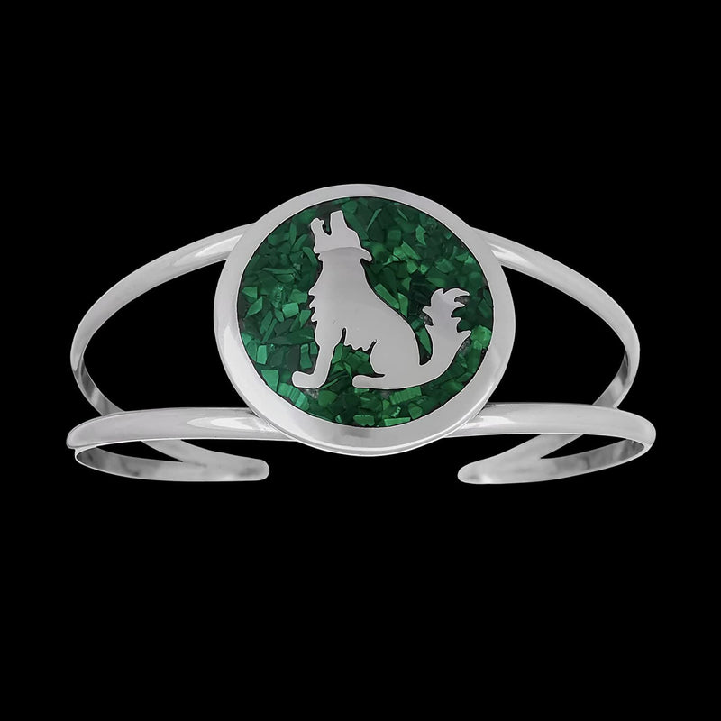 Wolf Bracelet, Howling Wolf, 925 Sterling Silver Bracelet, Native American, Handmade Jewelry, Malachite Bracelet, Navajo Bracelet with wolves